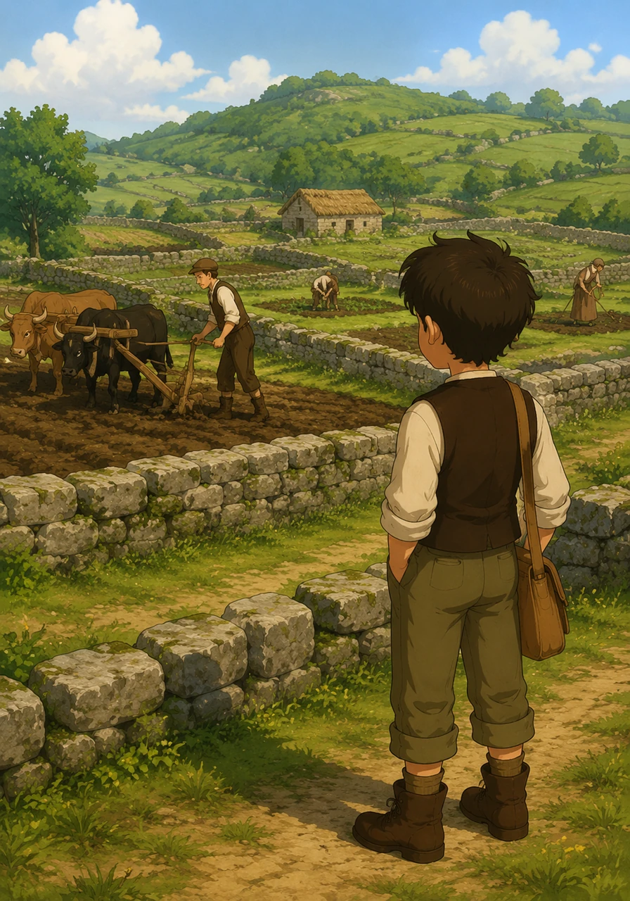Co paso dos séculos, a agricultura evoluciona e Brais ve aos labregos galegos medievais traballando o campo con arados de bois, coidando a terra en pequenas parcelas rodeadas de muros de pedra.