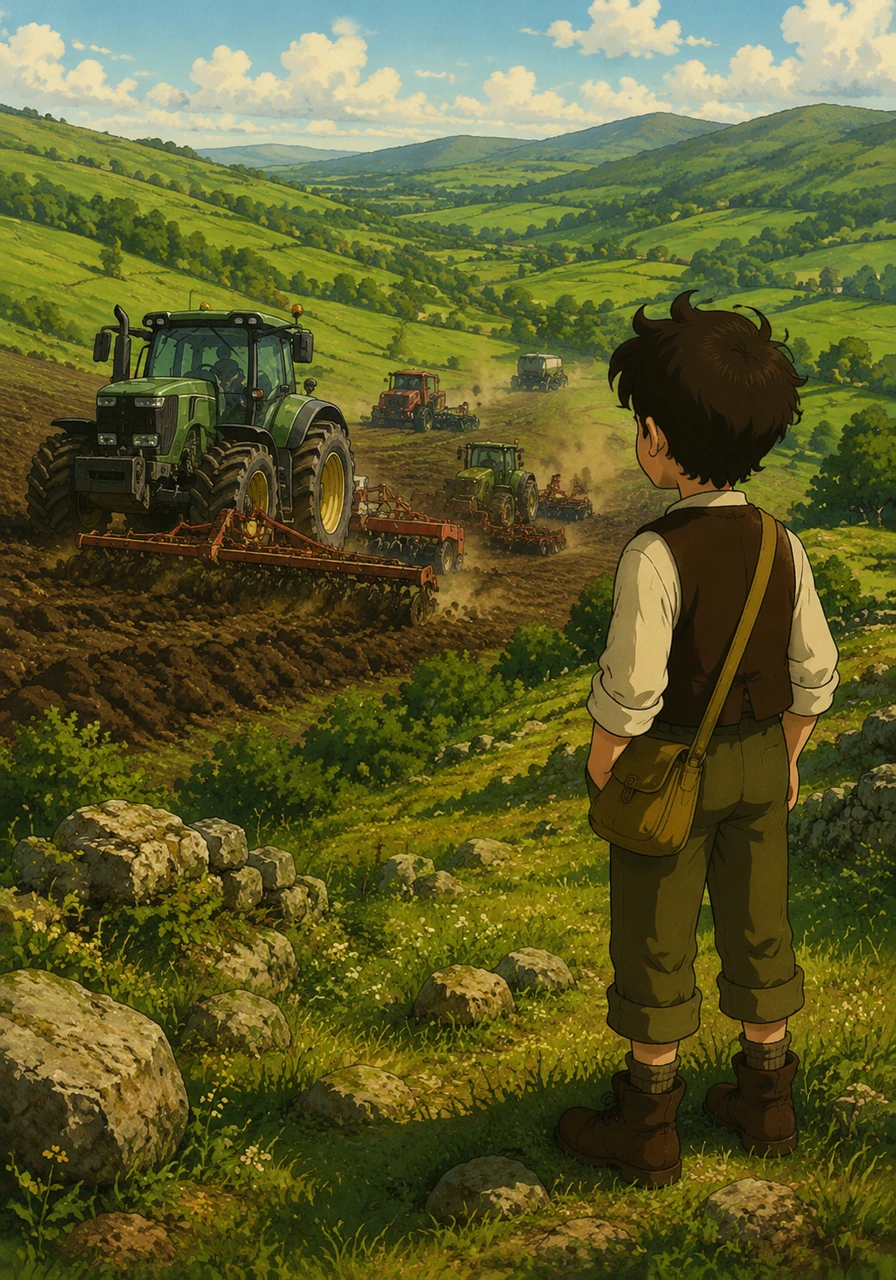 A modernidade chega con grandes tractores e máquinas que transforman a paisaxe galega, acelerando a produción de alimentos pero cambiando para sempre a harmonía tradicional do ambiente rural.