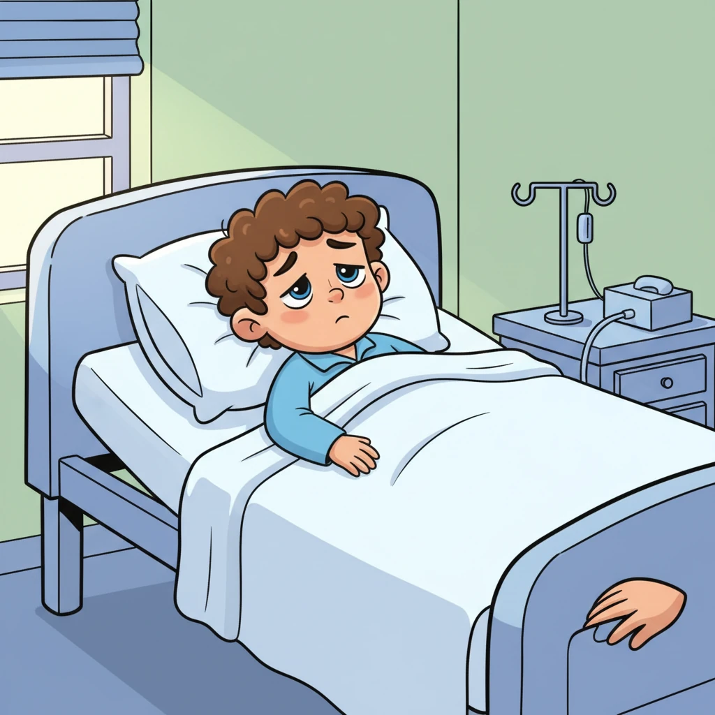 That evening, Tom's fun turned to shivers and a burning fever. His worried mother rushed him to the hospital, where he now lay in a big, unfamiliar bed. He felt tired and sad, wishing his mom was right there beside him.
