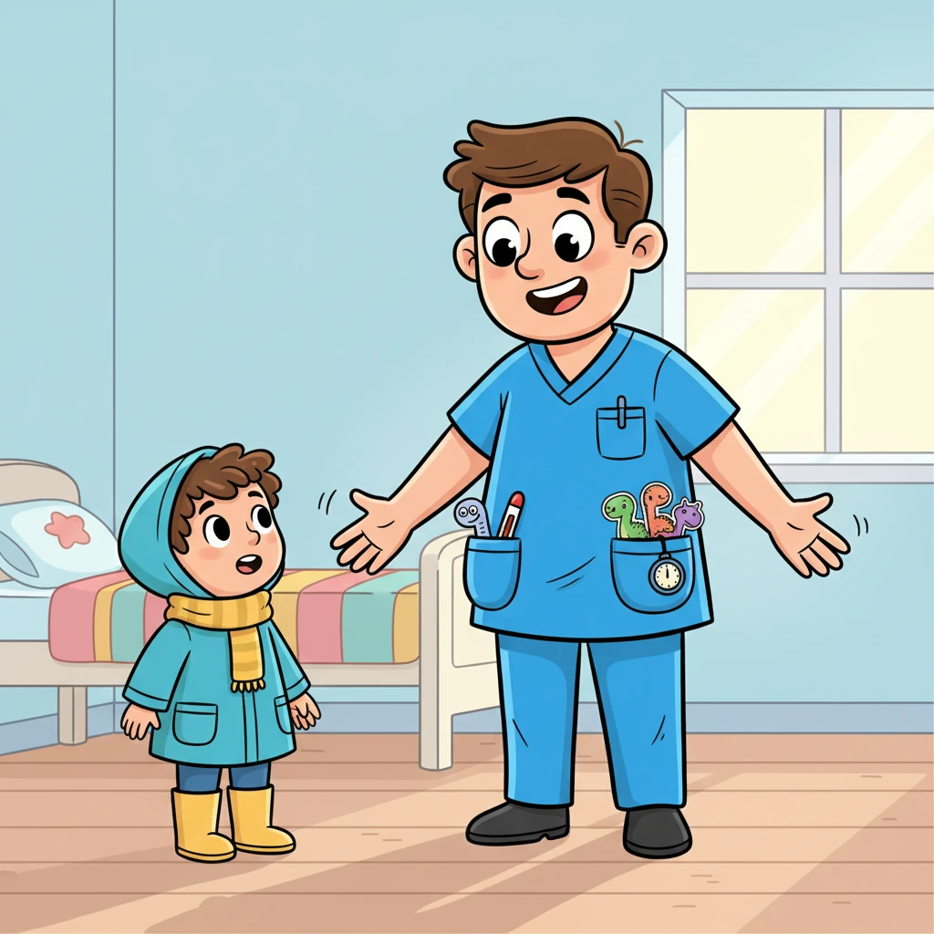 Suddenly, a cheerful knock echoed, "Knock, knock, knock!" In walked Leo, a kind nurse with a smile so wide it could brighten any room. He wore a crisp blue uniform with pockets bulging with fun treasures: a silly thermometer, dinosaur stickers, and a gentle ticking watch.