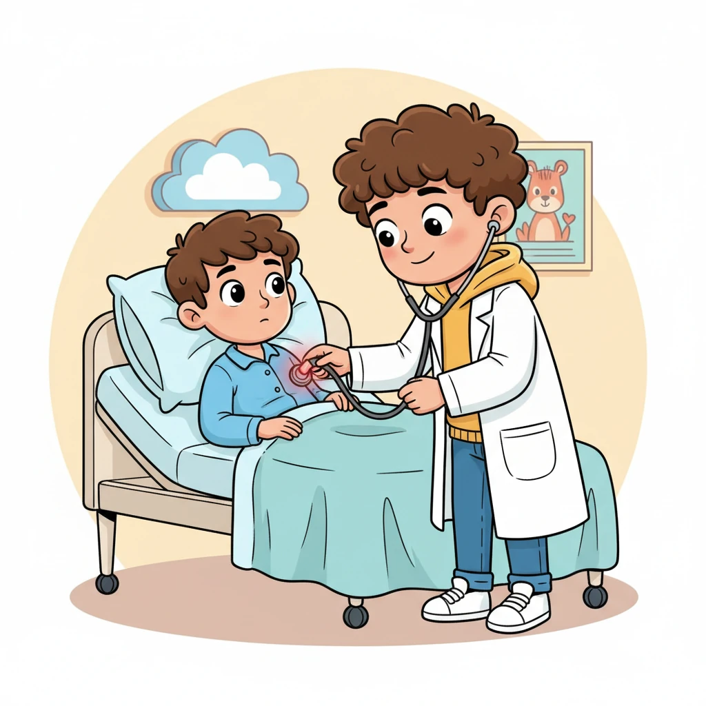 Leo, moving silently in his white sneakers, approached Tom's bed. He patiently explained each step as he used his stethoscope to listen to Tom's little heart and a glowing oximeter on his finger. Tom watched, feeling a little less scared with every gentle motion.