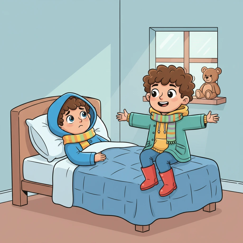 Seeing Tom's worried eyes, Leo sat on the edge of the bed. "Of course you'll get better!" he promised with a warm smile. "I'm here to look after you, and I'll be back later to check if you've had a good sleep." Tom felt a wave of comfort wash over him.