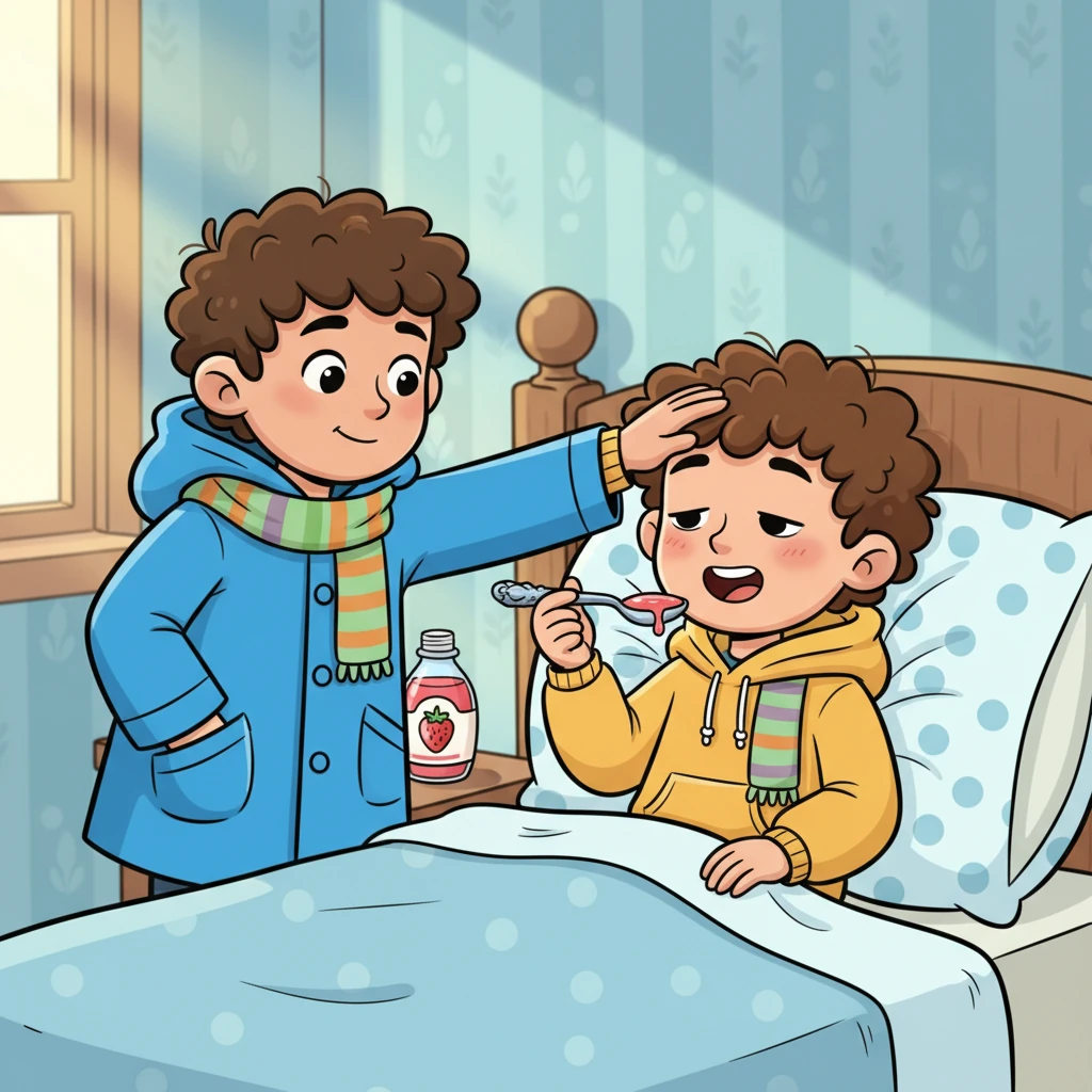 With a calm hand, Leo gently placed his cool palm on Tom's forehead. "You're a little warm," he said softly, then helped Tom sit up. He fluffed the pillow until it was perfectly soft and comfortable, then offered a spoon of yummy strawberry-scented syrup, "This will chase away those pesky germs!"