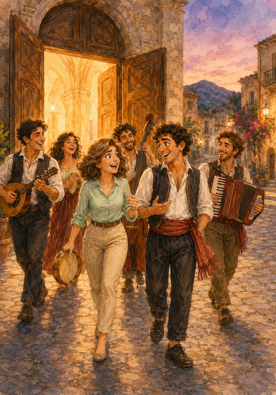 Le porte dell'antica chiesa di un piccolo borgo siciliano si spalancano, diffondendo una luce calda e dorata sulla piazza acciottolata della sera. I giovani musicisti del gruppo folk “Voce dell’Etna” escono allegri ed entusiasti, chiacchierando animatamente dopo un'intensa sessione di prove.