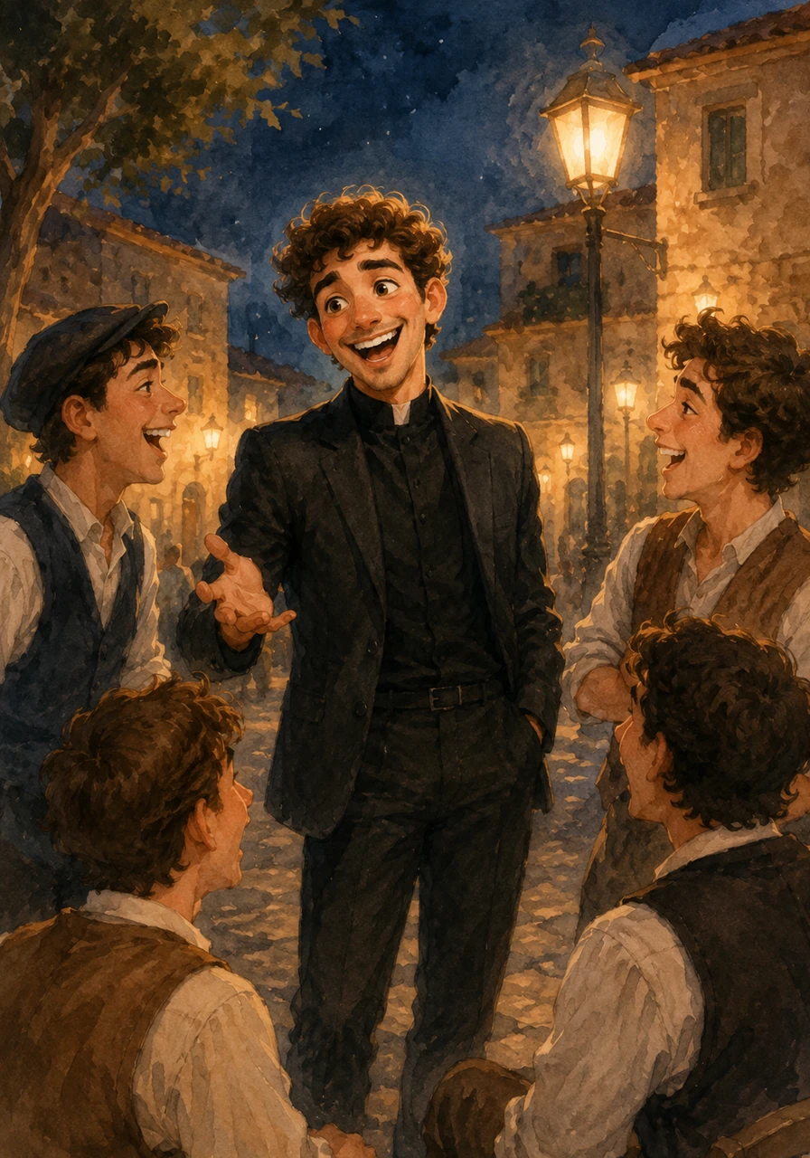 Tra di loro c'è Giuseppe, un ragazzo dal viso mite e gentile, che per l'occasione indossa un abito nero semplice ed elegante, sormontato da un colletto scuro. Mentre scherza con i suoi amici sotto la luce dei lampioni, la sua figura slanciata ricorda in modo ravvicinato e del tutto casuale quella di un giovane parroco di paese.
