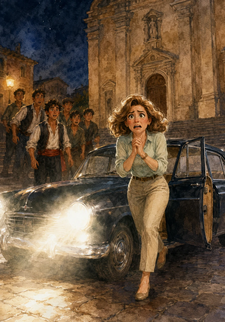 All'improvviso, i fari abbaglianti di un'auto d'epoca illuminano la piazza mentre il veicolo frena bruscamente davanti alla scalinata della chiesa. Dalla portiera rimasta aperta scende una signora di mezza età visibilmente agitata, con le mani giunte e un'espressione di ansia mista a speranza sul volto espressivo.