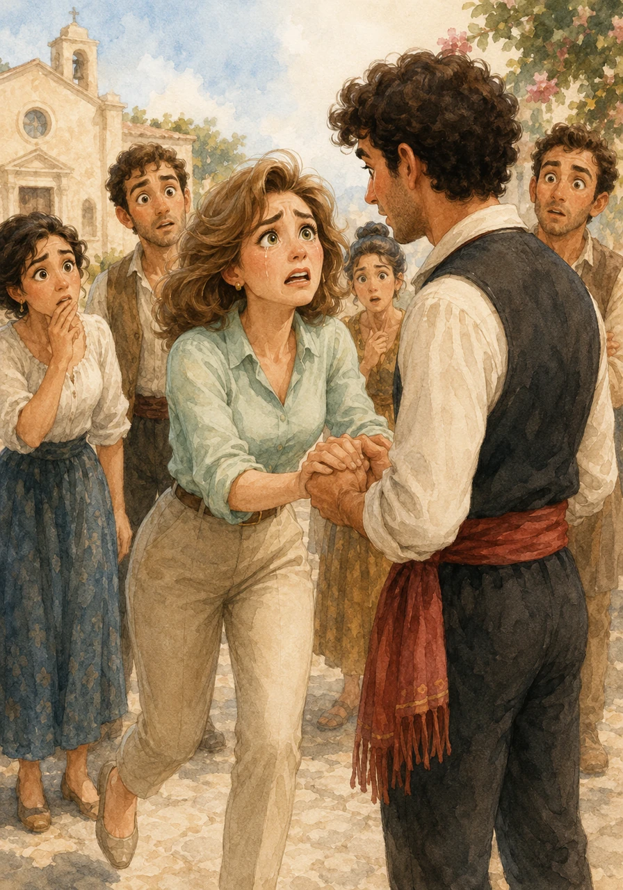 La donna corre trafelata verso il gruppo, ignorando gli altri ragazzi e puntando dritta verso Giuseppe con gli occhi lucidi di emozione. Convinta che il giovane sia il nuovo parroco, lo afferra per le mani implorandolo con voce tremante di recitare una preghiera speciale l'indomani per la salute di sua sorella.