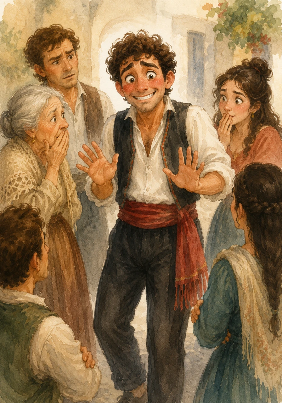 Giuseppe sbarra gli occhi per la sorpresa, sentendo le guance farsi improvvisamente rosse per l'imbarazzo più totale. Tenta timidamente di dondolare le mani per spiegare l'equivoco, balbettando con un sorriso tirato che lui in realtà è solo un musicista e non ha mai preso i voti.
