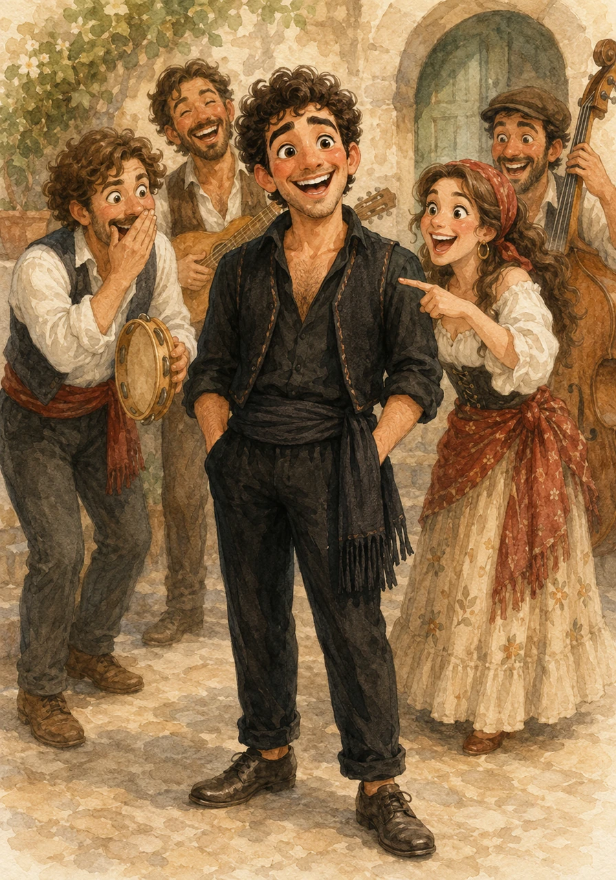 Alle sue spalle, i compagni del gruppo folk assistono alla scena trattenendo il fiato per un secondo, prima di scoppiare in una fragorosa e incontenibile risata. Il suonatore di tamburello si copre la bocca per il divertimento, mentre la corista indica scherzosamente l'abito nero del povero Giuseppe.