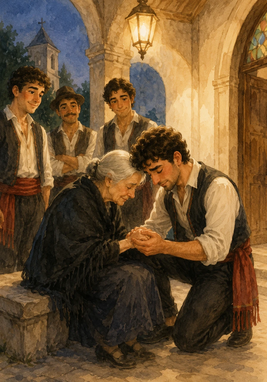 Con grande dolcezza, il ragazzo accompagna la signora sotto il portico illuminato della chiesa e, chinando il capo, inizia a recitare una preghiera semplice, spontanea e piena di speranza. Anche gli amici del gruppo folk smettono di ridere, colpiti dalla straordinaria bontà d'animo del loro compagno in quel momento così intimo.