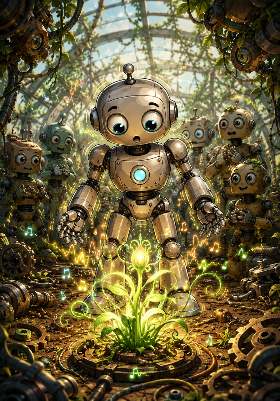 As the plant grew, it began to hum a soft, melodic tune that vibrated through Oliver's metal chassis. He realized the plant was not just growing; it was singing to the machines, making the gears turn with a newfound rhythm.