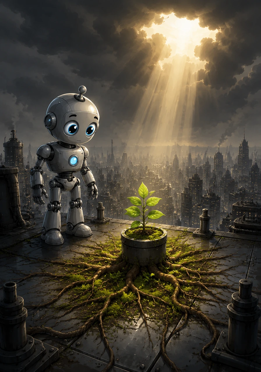 Oliver carried the plant to the highest rooftop in the city, seeking the faint rays of the sun hidden behind the smog. As he set it down, the plant's roots began to spread across the cold metal floor, turning the iron into soft, mossy earth.