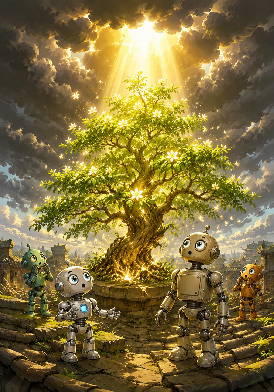 Suddenly, the heavy clouds broke apart, and for the first time in centuries, a beam of golden sunlight hit the rooftop. The plant erupted into a magnificent tree with leaves that shimmered like emeralds and flowers that glowed like fallen stars.