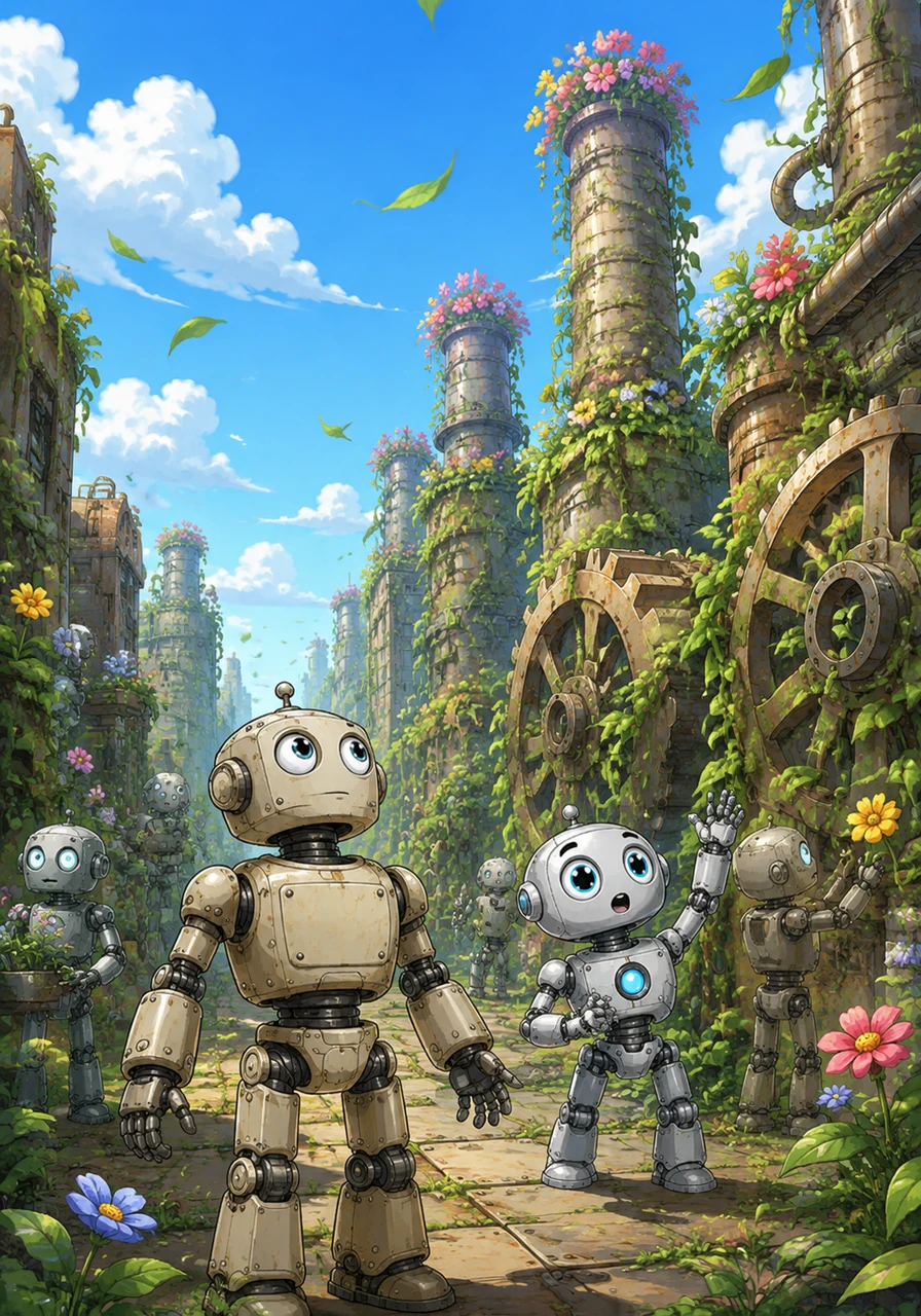 The transformation spread rapidly through the streets, with green vines winding around the gears and colorful flowers blooming from the old smokestacks. The heavy grinding of the city slowed down, replaced by the gentle rustle of leaves and the sound of the wind.