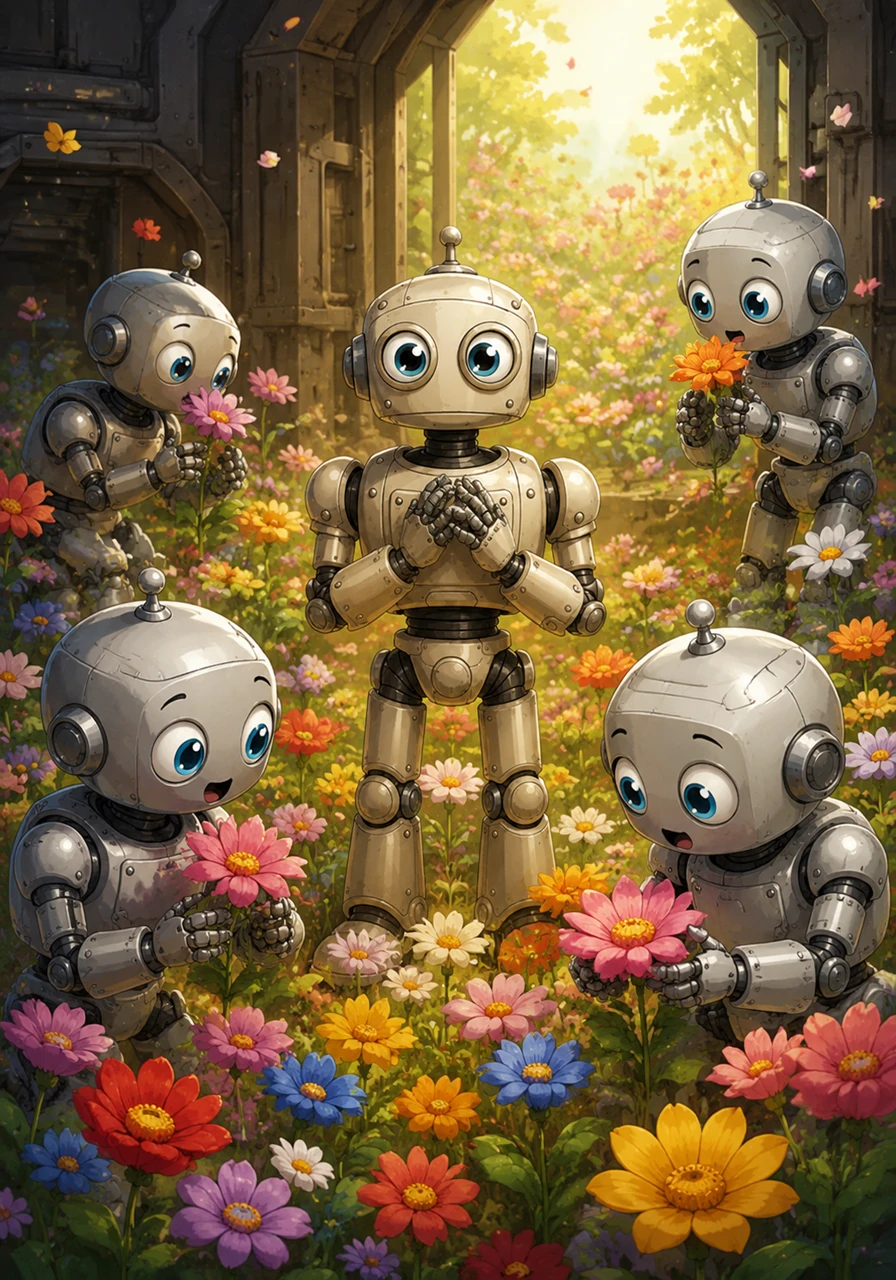 Other robots emerged from their dark stations, touching the soft petals and marveling at the vibrant colors they never knew existed. Oliver stood at the center of the change, feeling a strange, wonderful warmth in his mechanical heart.