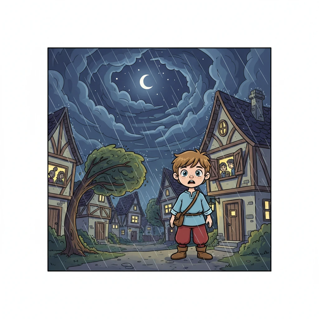 One evening, as twilight settled, a sudden, fierce storm descended upon the village. Winds howled like playful giants, shaking the little houses, and thick, inky clouds swallowed the moon and stars. Villagers huddled inside, their faces etched with worry as the darkness grew deeper and more frightening.