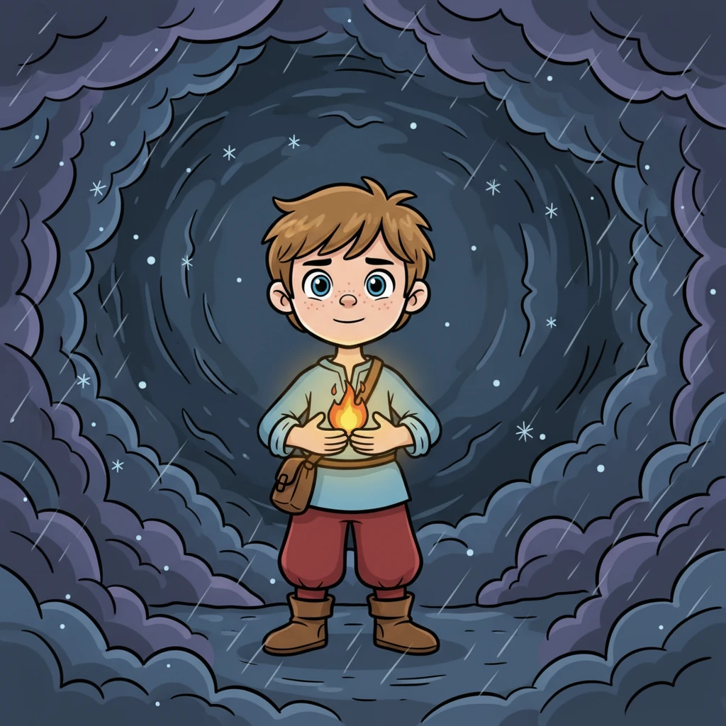 With a deep breath, Adam stepped out into the blustery, dark night, shielding his tiny flame from the wind with his cupped hands. The storm swirled around him, but he moved with a calm determination, a little spark of hope against the overwhelming gloom.