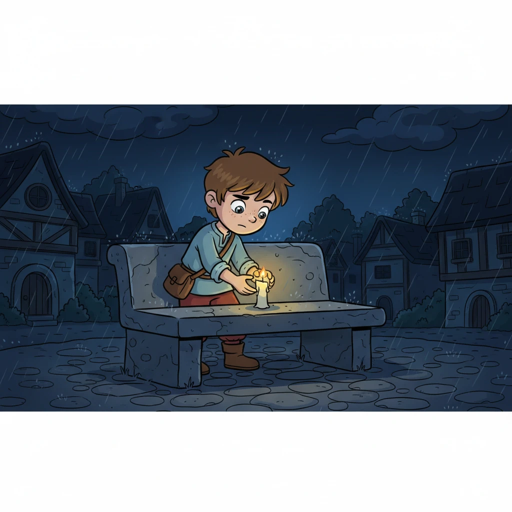 Step by careful step, Adam walked towards the very heart of the village, a small, unwavering figure in the vast blackness. He gently placed the lit candle on a stone bench, its weak, flickering light creating a small, warm circle in the stormy night.