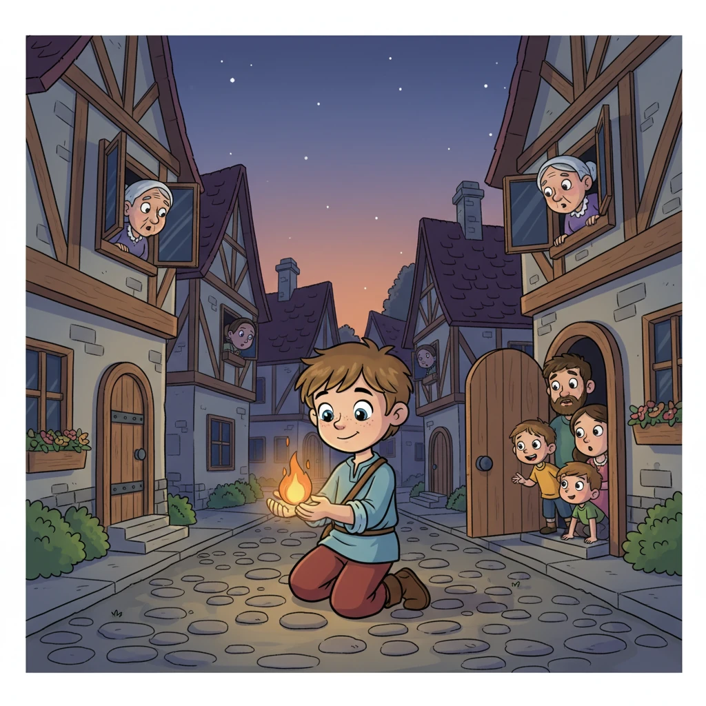 Slowly, a few brave villagers, drawn by the faint, unexpected glow, peeked out from their windows and then their doors. Their eyes, wide with surprise and a glimmer of hope, focused on the tiny, persistent flame and the patient boy beside it.