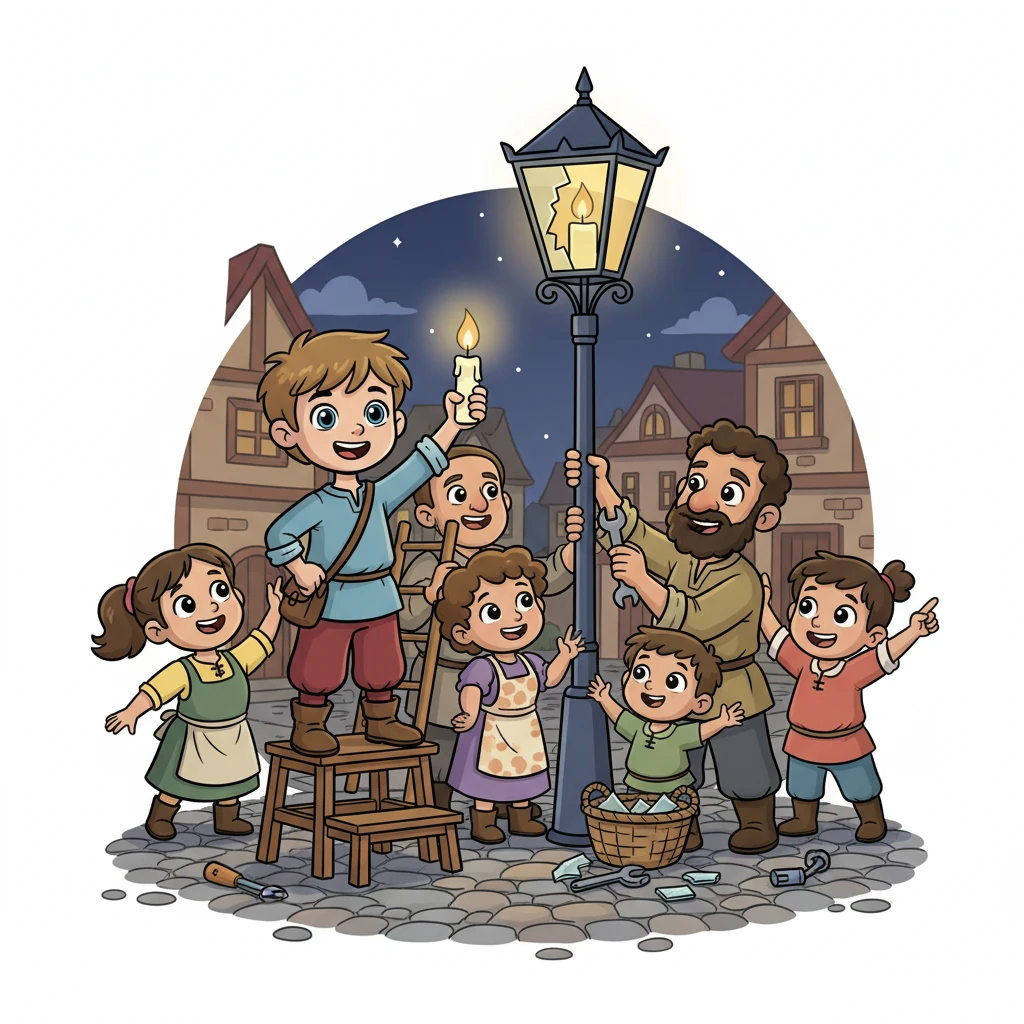 Together, guided by the humble candle's steady glow, the villagers rallied. They worked as a team, their hands busy and their spirits lifted, to mend the broken street lamp. Laughter and encouraging words mixed with the sounds of their efforts.