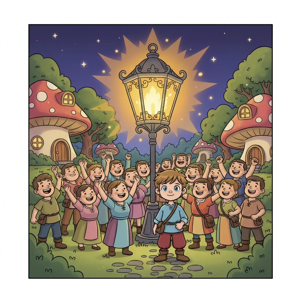 Finally, with a triumphant click and a brilliant flash, the grand village lamp roared back to life, bathing the entire village in a warm, comforting light. The villagers cheered, their faces beaming with joy and gratitude, and Adam watched, a quiet, proud smile gracing his lips.