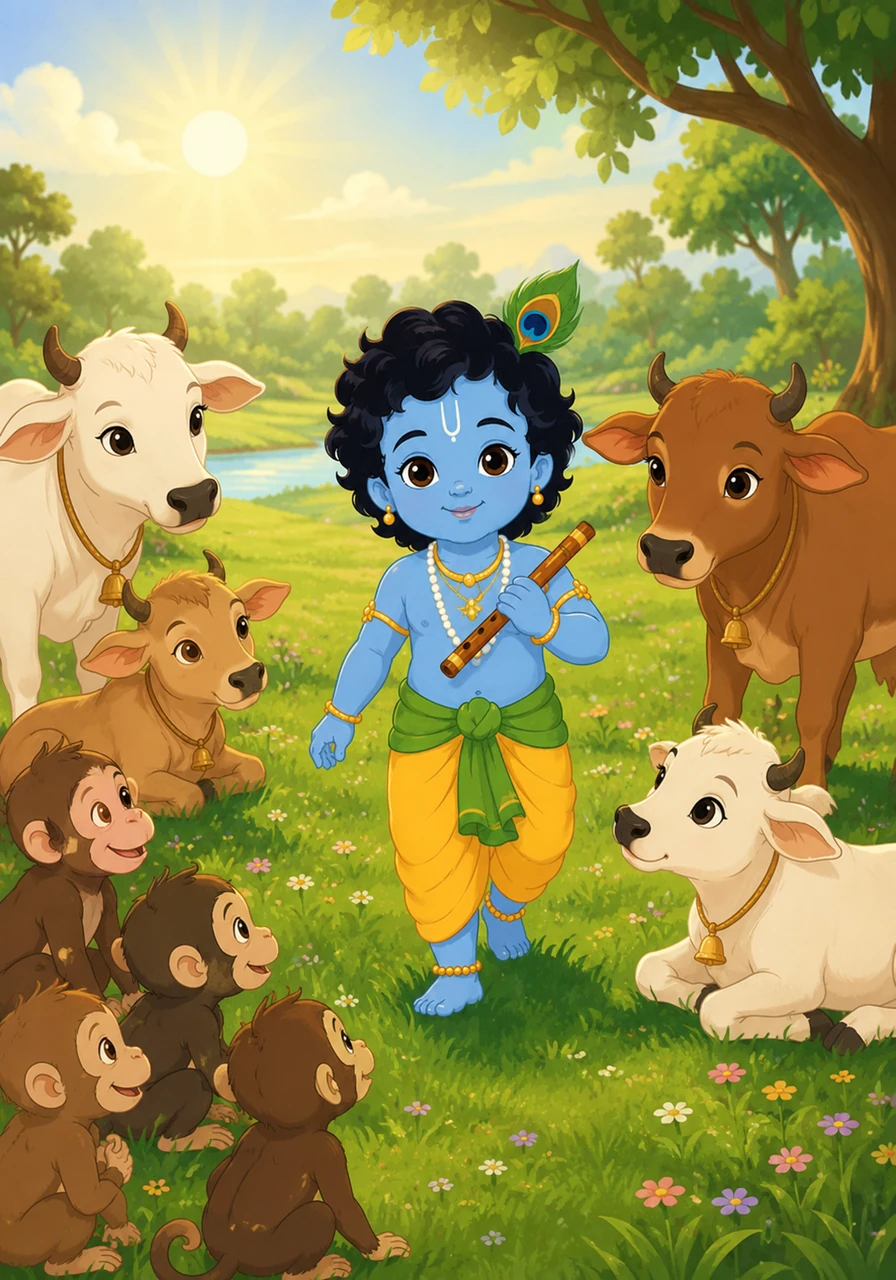 In the sun-drenched meadows of Vrindavan, two-year-old Krishna steps out into the lush green grass. With a bright peacock feather tucked into his curly dark hair and a small wooden flute in his hand, he smiles warmly at the morning sun. The gentle cows gather around him, sensing the peaceful presence of their tiny protector.