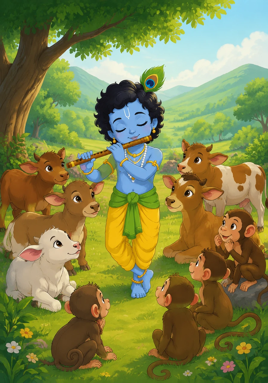 Krishna lifts the polished wooden flute to his lips and plays a soft, sweet note that echoes through the valley. Hearing the beautiful melody, the calves stop grazing and perk up their ears in delight. The entire pasture seems to quiet down, listening to the magical sound of the young boy's music.