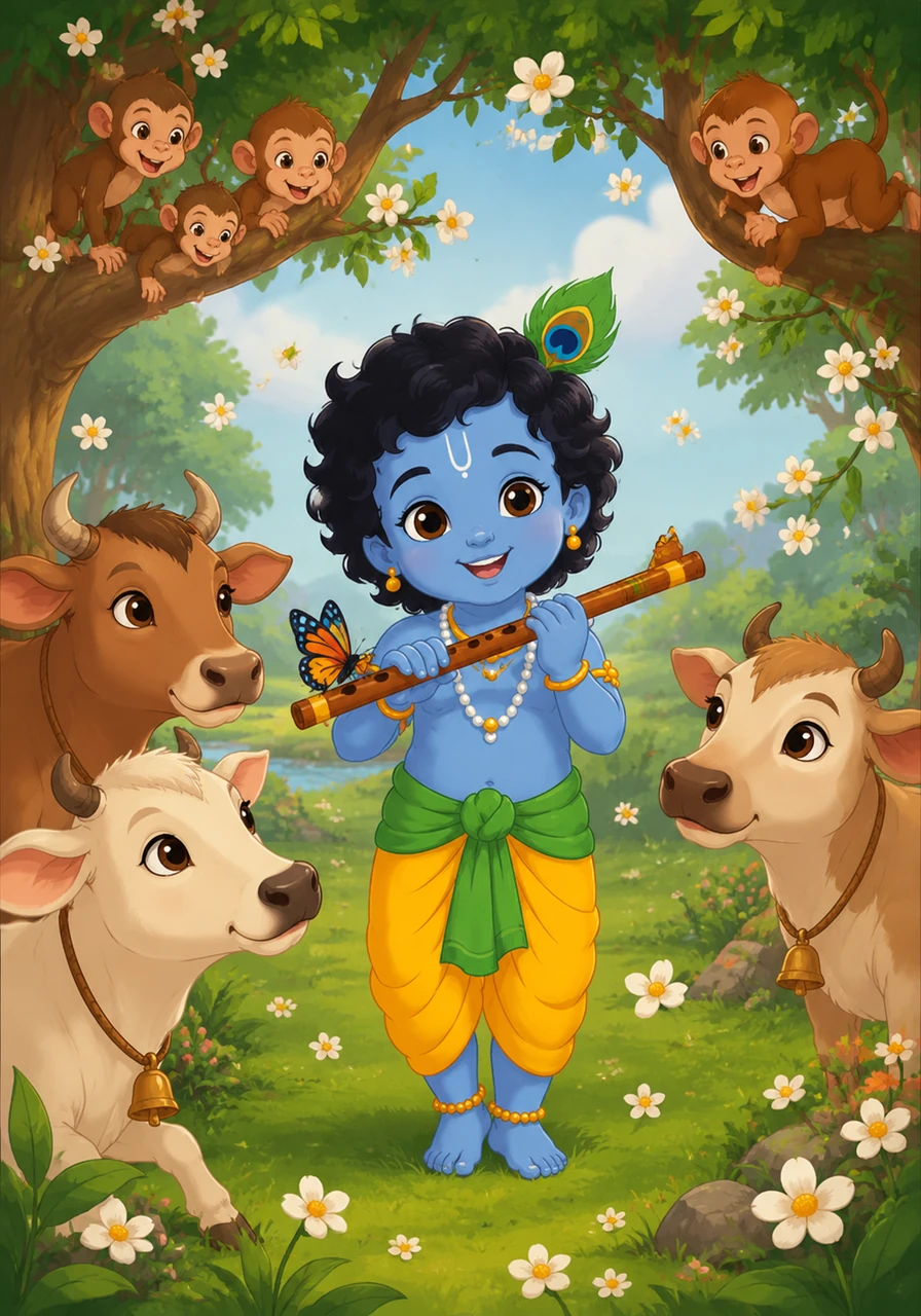A playful breeze sweeps through the trees, carrying the scent of wild jasmine. Krishna laughs as a colorful butterfly lands gently on the tip of his flute. The cows watch with soft, loving eyes, completely charmed by the innocence of their little herder.