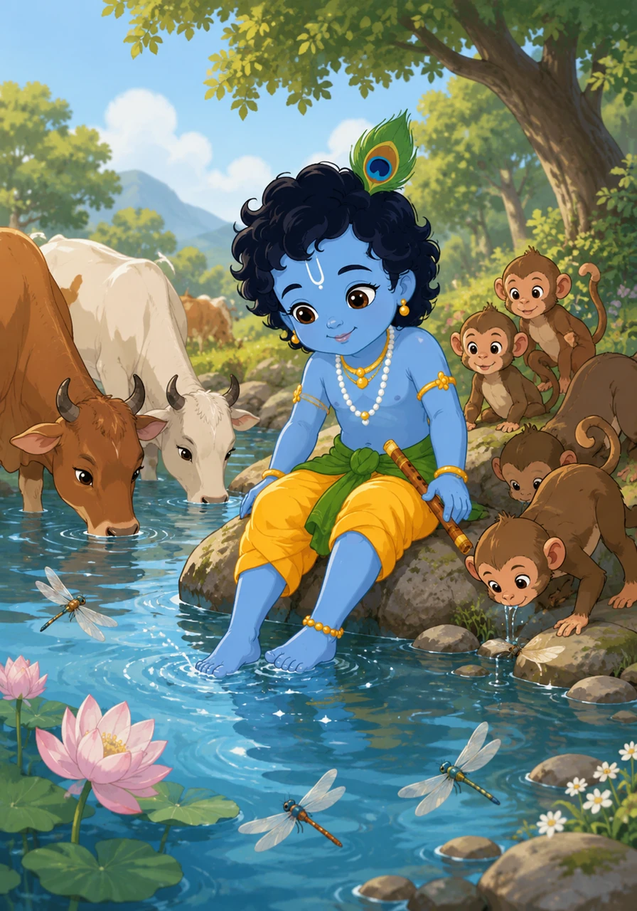 As the afternoon heat grows, Krishna leads his gentle herd to the cool banks of the Yamuna River. The sparkling blue water ripples softly as the cows drink their fill. Krishna dips his tiny feet into the water, splashing playfully while the dragonflies dance around him.