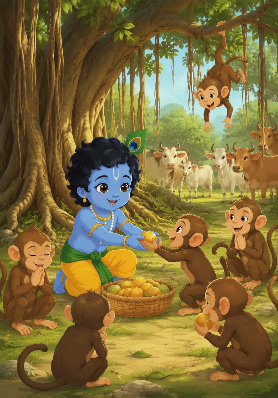 Suddenly, a group of mischievous monkeys swings down from the ancient banyan trees. Instead of running away, Krishna shares his sweet fruit with them, offering it with a generous heart. The monkeys chatter happily, bowing their heads to the kind little boy.