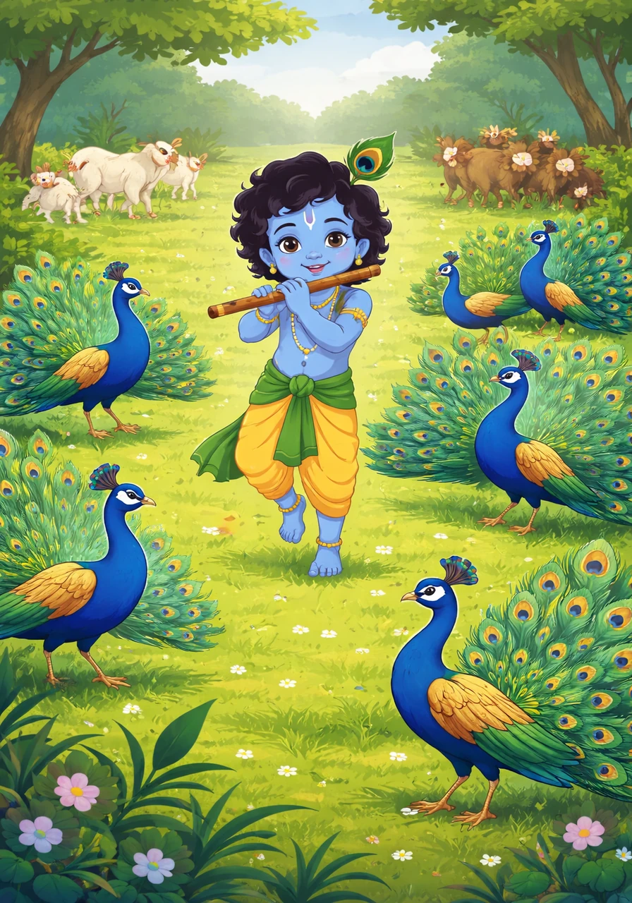A flock of wild peacocks lands in the meadow, attracted by the enchanting music. They spread their magnificent, colorful feathers and begin to dance in rhythm with Krishna's flute. Krishna joins in their dance, his small feet stepping lightly on the soft green grass.