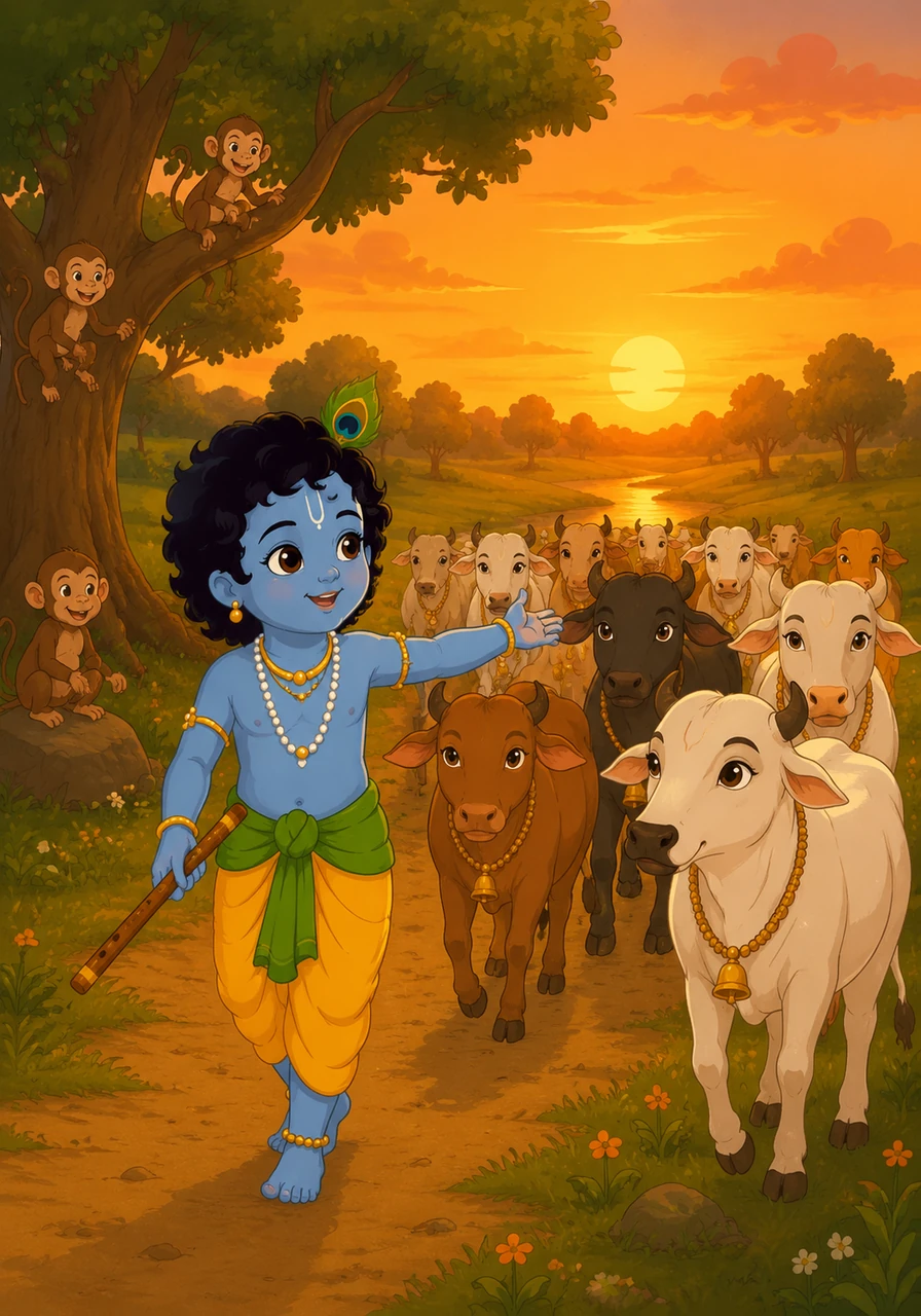 As the sun begins to set, painting the sky in shades of orange and gold, Krishna gathers his herd to head home. He calls each cow by her name, and they follow him trustingly through the glowing twilight. The sound of their brass bells creates a soothing harmony with the evening breeze.