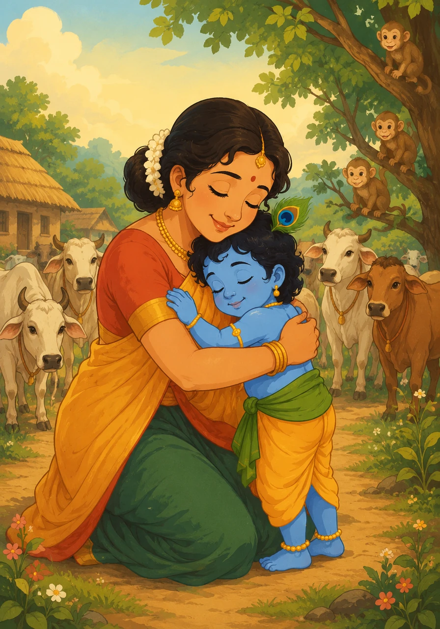 Mother Yashoda waits at the edge of the village, her eyes filled with love and worry for her little one. When she sees Krishna walking safely with the cows, she rushes forward to scoop him into a warm, tight embrace. Krishna rests his head on her shoulder, tired but happy after a long day in the pastures.
