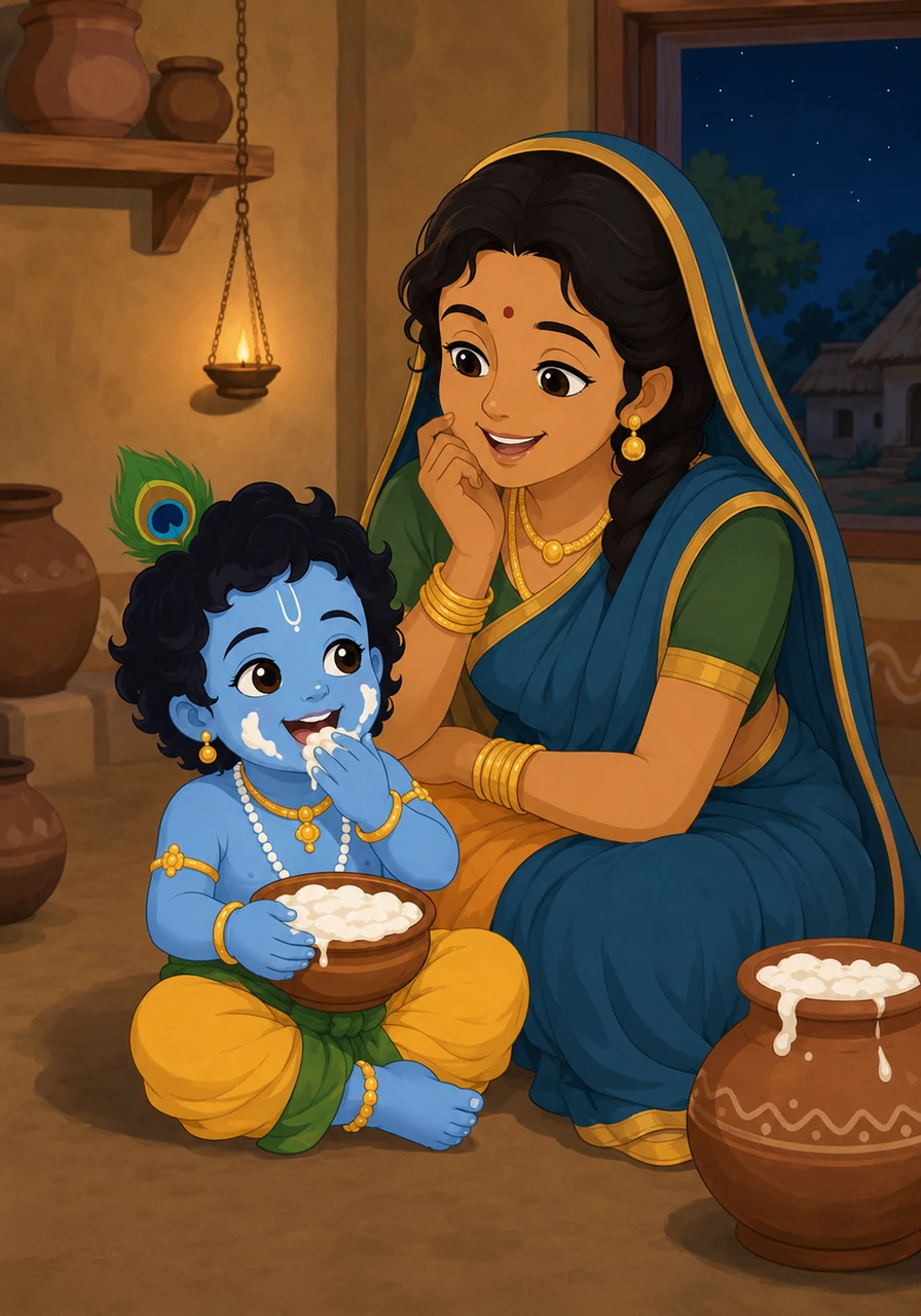 Back in their cozy home, Krishna enjoys a bowl of fresh, sweet butter prepared by his mother. He happily smears a little bit on his cheeks, making Yashoda laugh at his adorable, messy face. The night begins to settle over Vrindavan, bringing a quiet peace to the entire land.
