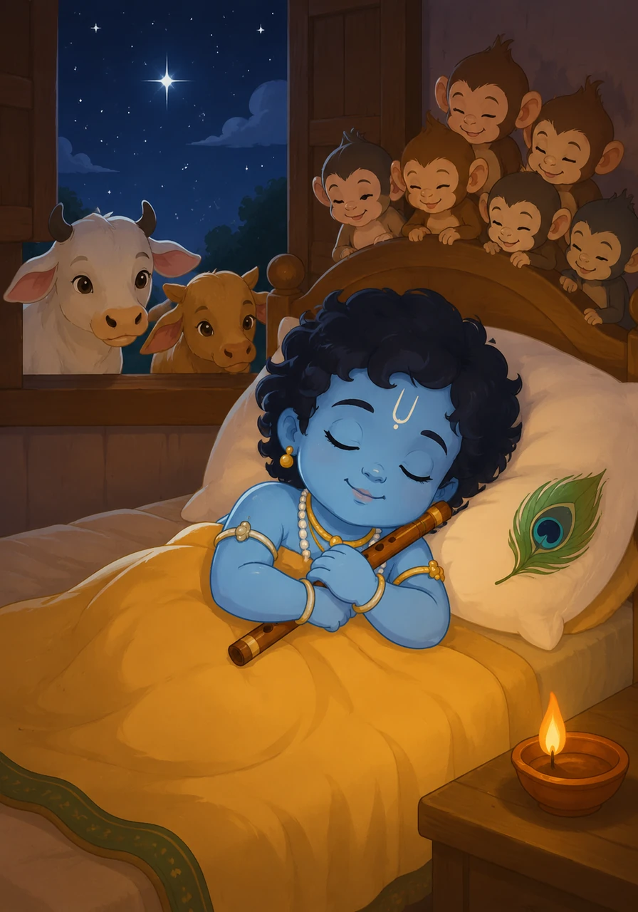 Tucked safely in his bed, Krishna holds his wooden flute close as he drifts off to sleep. The peacock feather rests on the pillow beside him, and a gentle smile remains on his lips. Outside, the stars shine brightly, watching over the sleeping child who holds the universe in his heart.