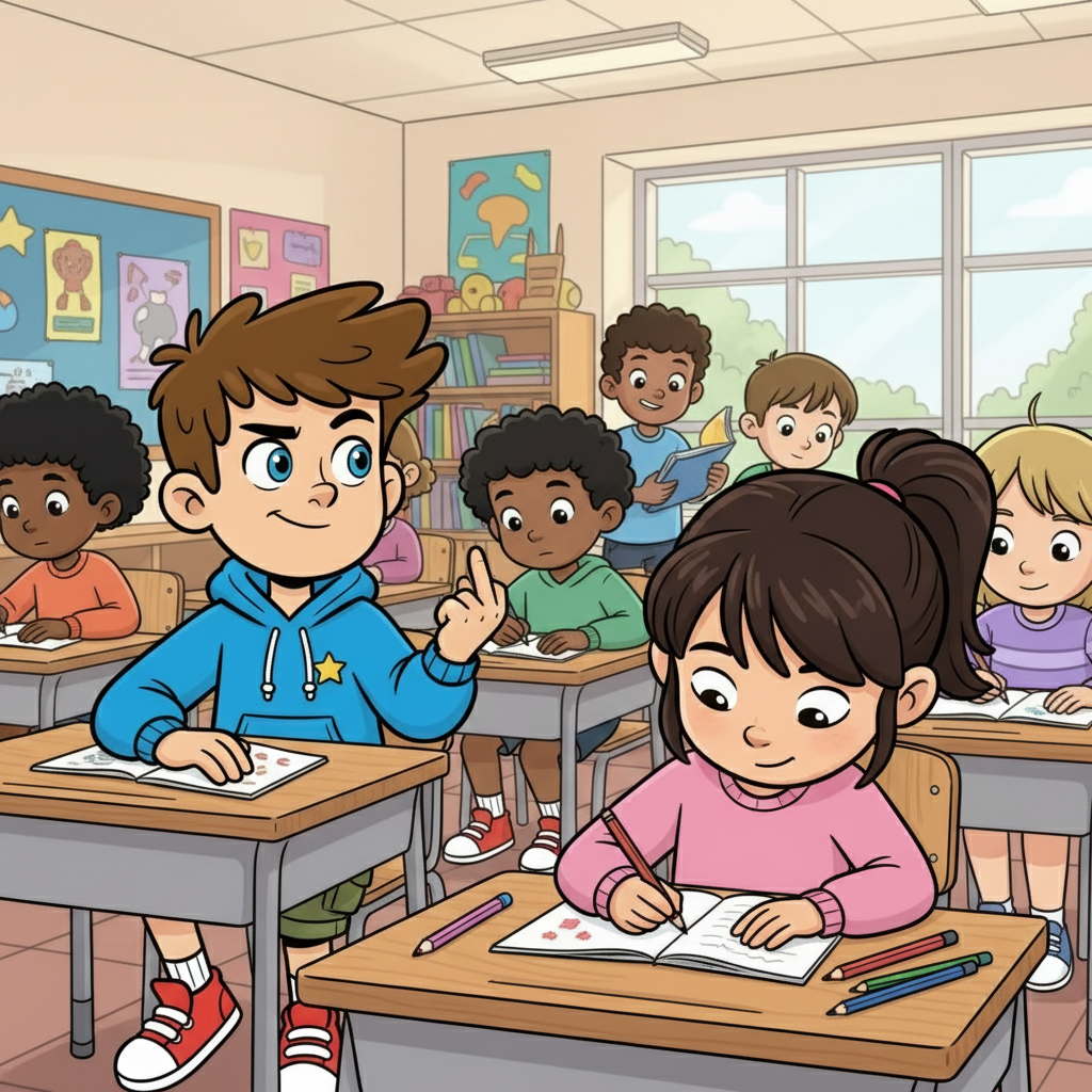 Dans une salle de classe animée, Jules fixait Sarah, fasciné. Il essayait d'attirer son attention, mais elle semblait absorbée par ses propres pensées. Jules, pris d'une audace inattendue, lui fit discrètement un doigt d'honneur.