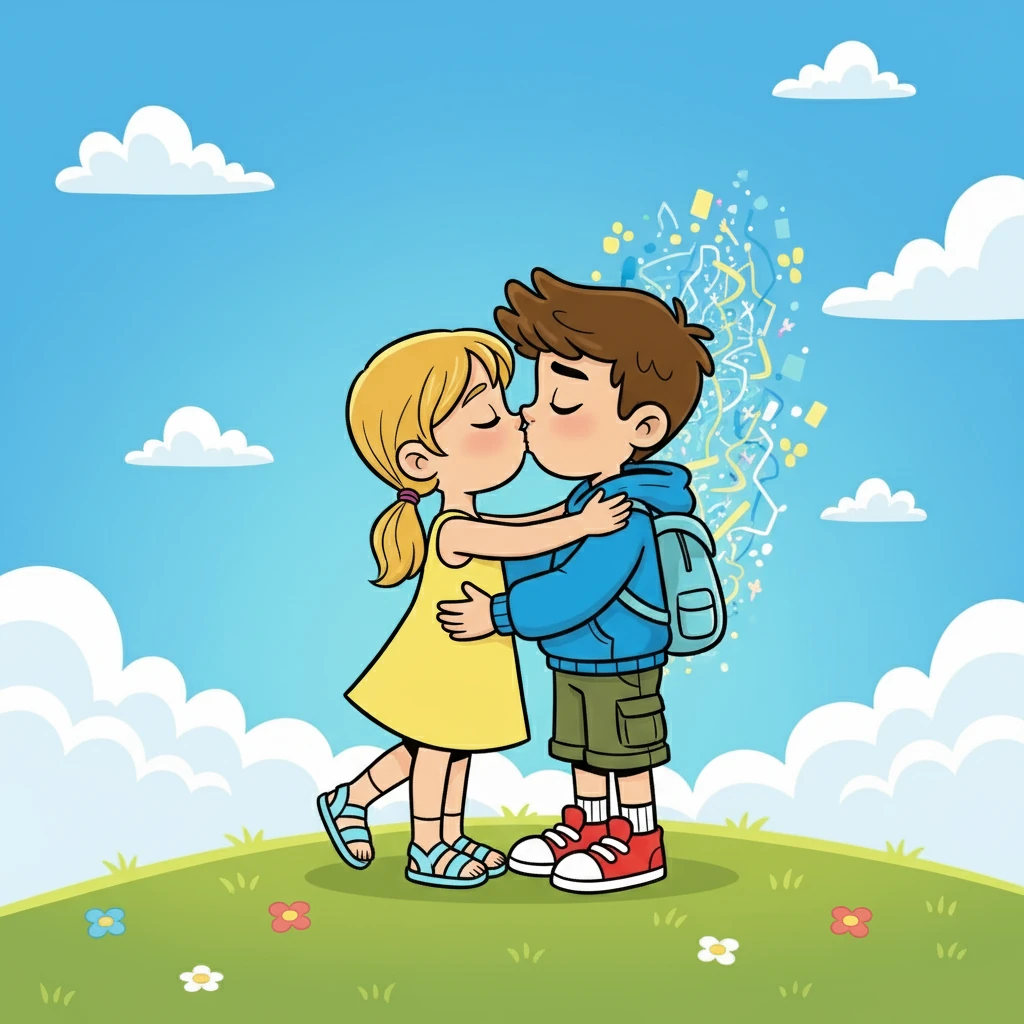 Sous un ciel d'azur, une étincelle de leurs échanges virtuels se concrétisa. Jules et Sarah, le regard rempli d'émotion, échangèrent leur premier baiser. Ce moment scella le début de leur histoire d'amour, officialisant leur relation.