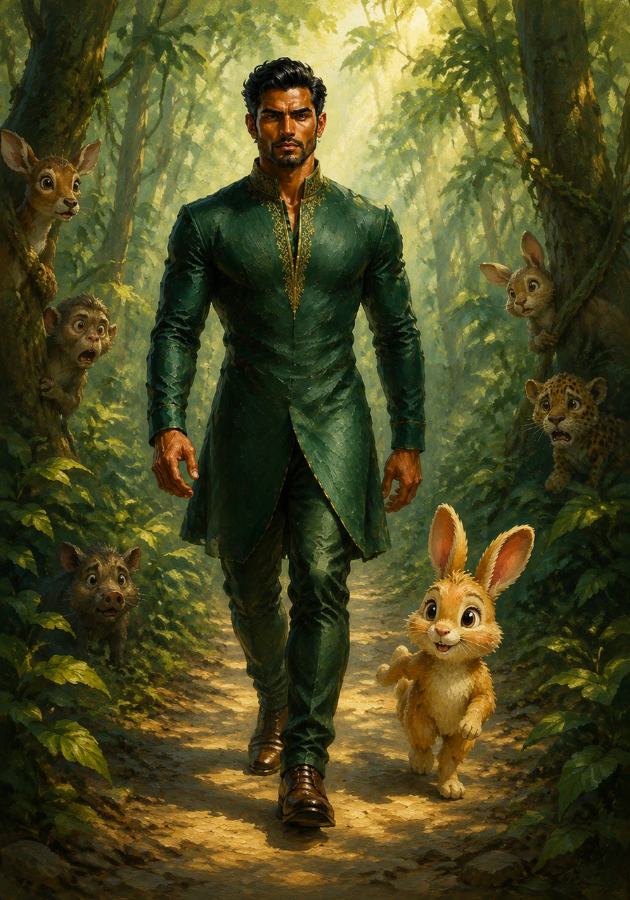 The morning sun filters through the lush green canopy of the forest as Raja the tiger struts confidently down the path. Smaller animals peek from behind trees and bushes, their eyes wide with fear as the powerful predator claims the jungle as his own.