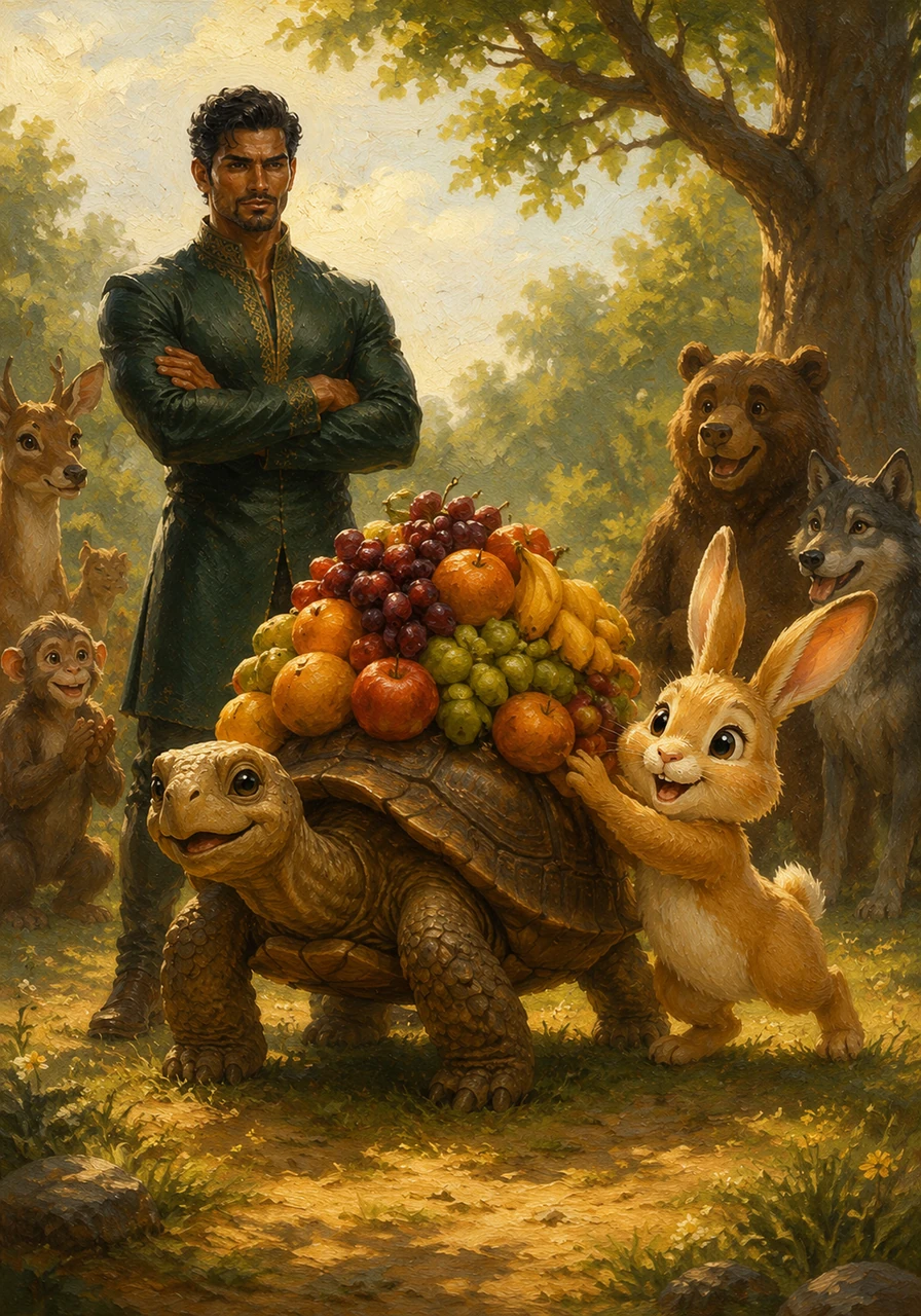 In a sun-drenched clearing, Lilo the small rabbit cheerfully helps a slow-moving tortoise carry a heavy pile of fresh fruit. Unlike the fearsome tiger, Lilo’s presence brings smiles and comfort to his friends, proving that kindness is a true strength.