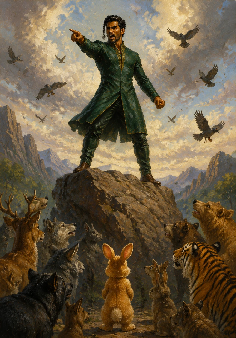 Raja stands atop a massive jagged rock, his roar echoing through the valley and sending birds fluttering into the sky. He demands that every animal bring him food daily, threatening to hunt anyone who dares to disobey his command.