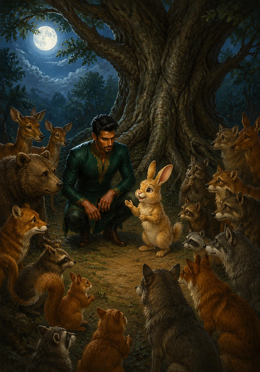 Under the silvery light of the full moon, the forest animals gather beneath a giant ancient tree to discuss their fears. Lilo stands in the center of the worried group, whispering a clever plan that promises to end the tiger’s reign of terror.