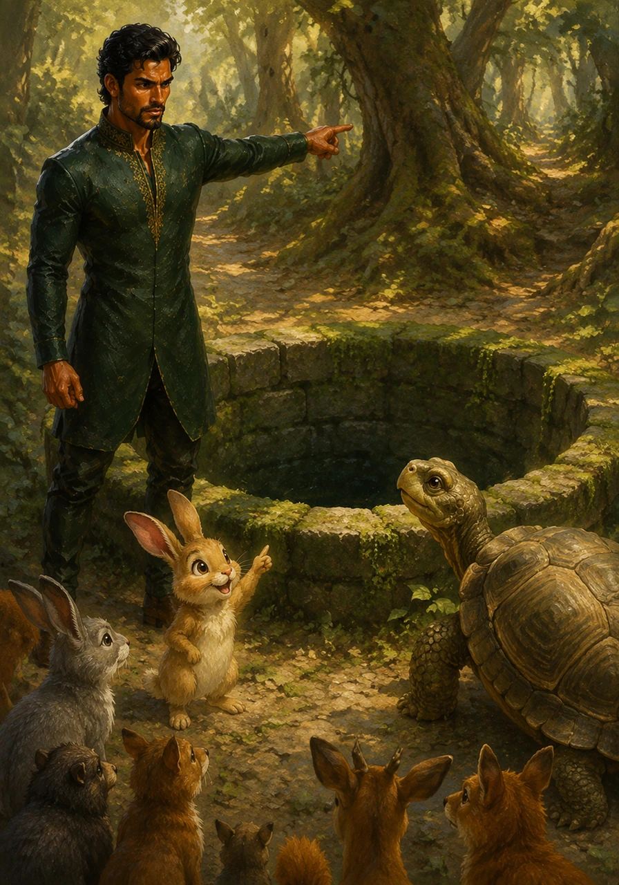 Lilo points toward a deep, moss-covered stone well hidden in the heart of the woods, explaining his strategy to a skeptical tortoise. He believes that the tiger's own arrogance will be the key to his downfall, and the animals begin to hope once more.