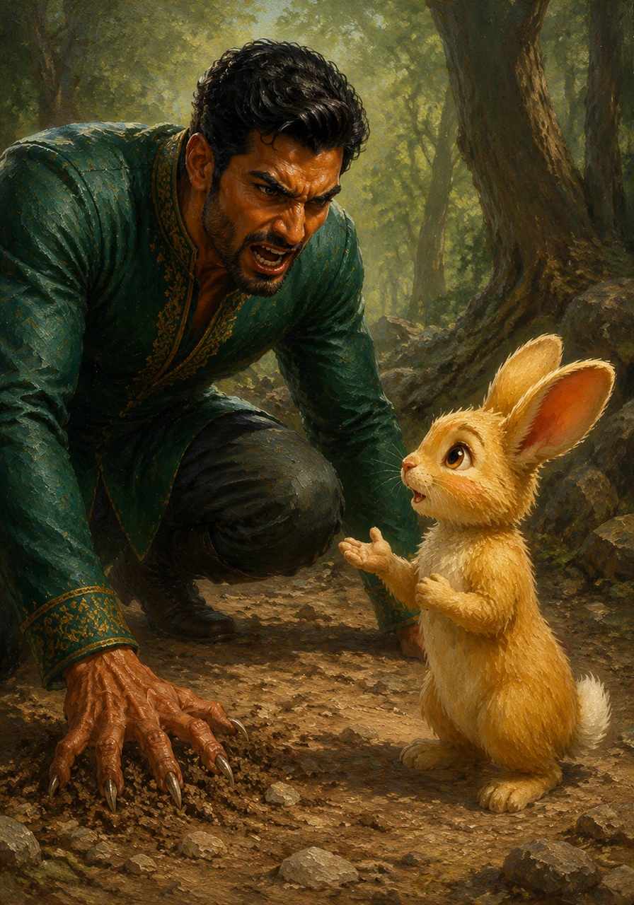 Raja growls fiercely at Lilo, his sharp claws digging into the dirt because the rabbit arrived late and empty-handed. Lilo calmly explains that another tiger, claiming to be the true king of the forest, stopped him and ate the food.