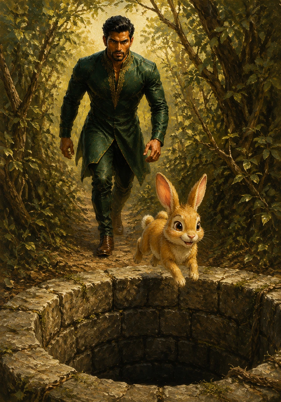 Fueled by pride and rage, Raja follows Lilo through the dense thicket toward the location of the supposed rival. The small rabbit hops along with quiet confidence, leading the massive predator straight toward the old stone well.