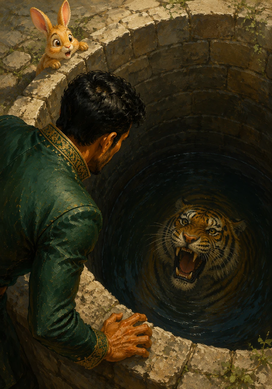 Raja leans over the edge of the deep well and sees a fierce, snarling tiger staring back at him from the dark water below. Not realizing it is his own reflection, the tiger roars in fury, and the reflection seems to roar back with equal intensity.