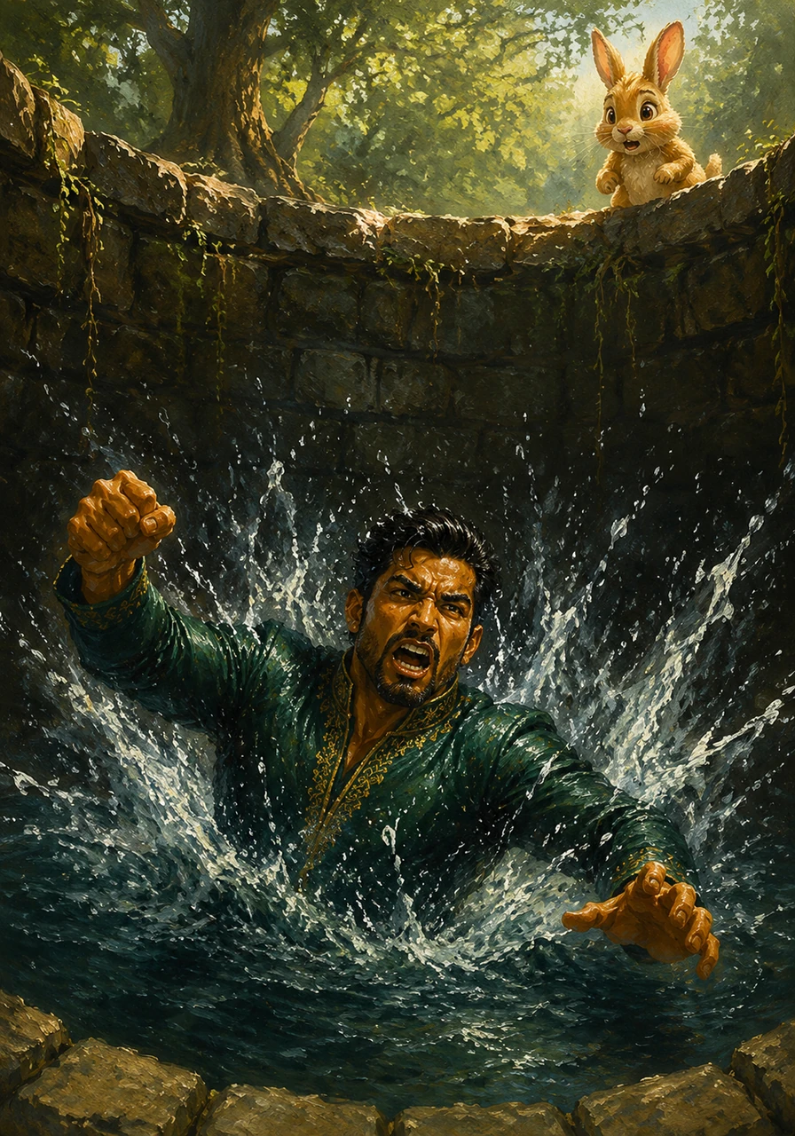 Consumed by anger, Raja leaps into the well to attack his imaginary rival, creating a massive splash that echoes through the forest. He struggles in the water, realizing too late that his pride has led him into a trap he cannot escape.