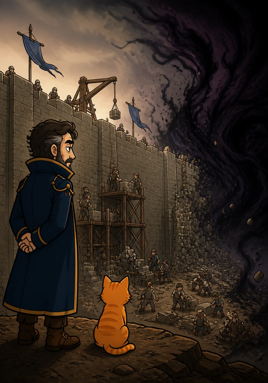 A massive wall was constructed in a desperate attempt to keep the encroaching nothingness at bay. The Chronicler watched with a sigh, knowing that the void didn't care about attrition rates or defensive bonuses.