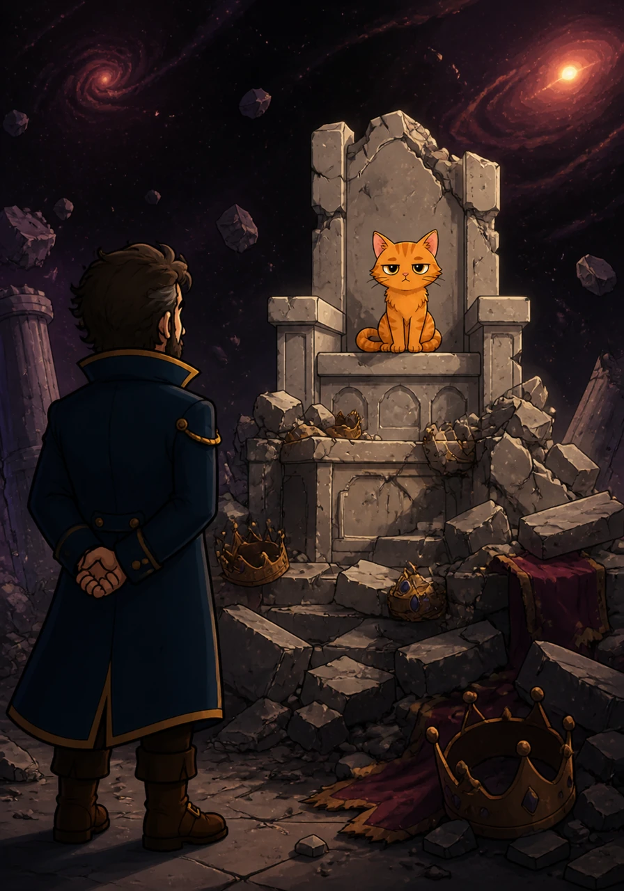 The Chronicler encountered a small ginger cat sitting atop a throne of broken marble and discarded crowns. It seemed entirely unbothered by the heat death of the universe, which was objectively the only sensible reaction left.