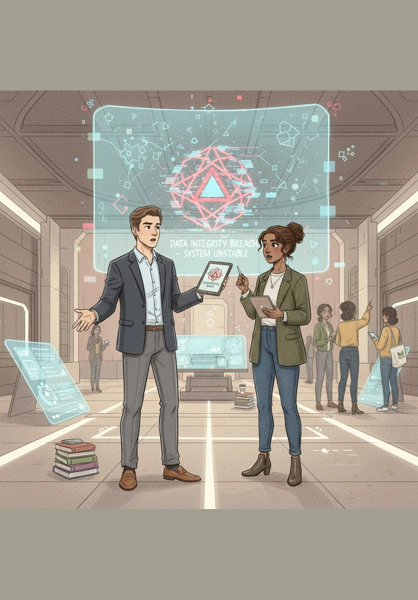 Leo stands in a bright, modern digital plaza, holding a tablet that glows with the Elemental Talks logo. A large holographic banner behind him displays the words Where Curiosity Meets Science, inviting a diverse group of curious people to gather around.