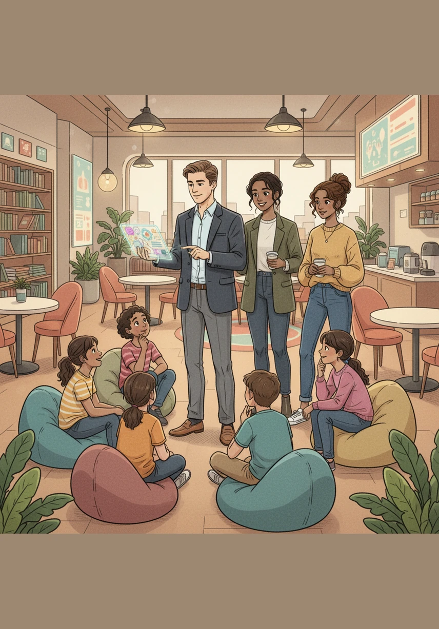 Inside a cozy, futuristic library-café, Leo shares a digital book with a group of children and teachers. The atmosphere is warm and welcoming, showing that this community is a place where everyone is invited to learn and grow together.